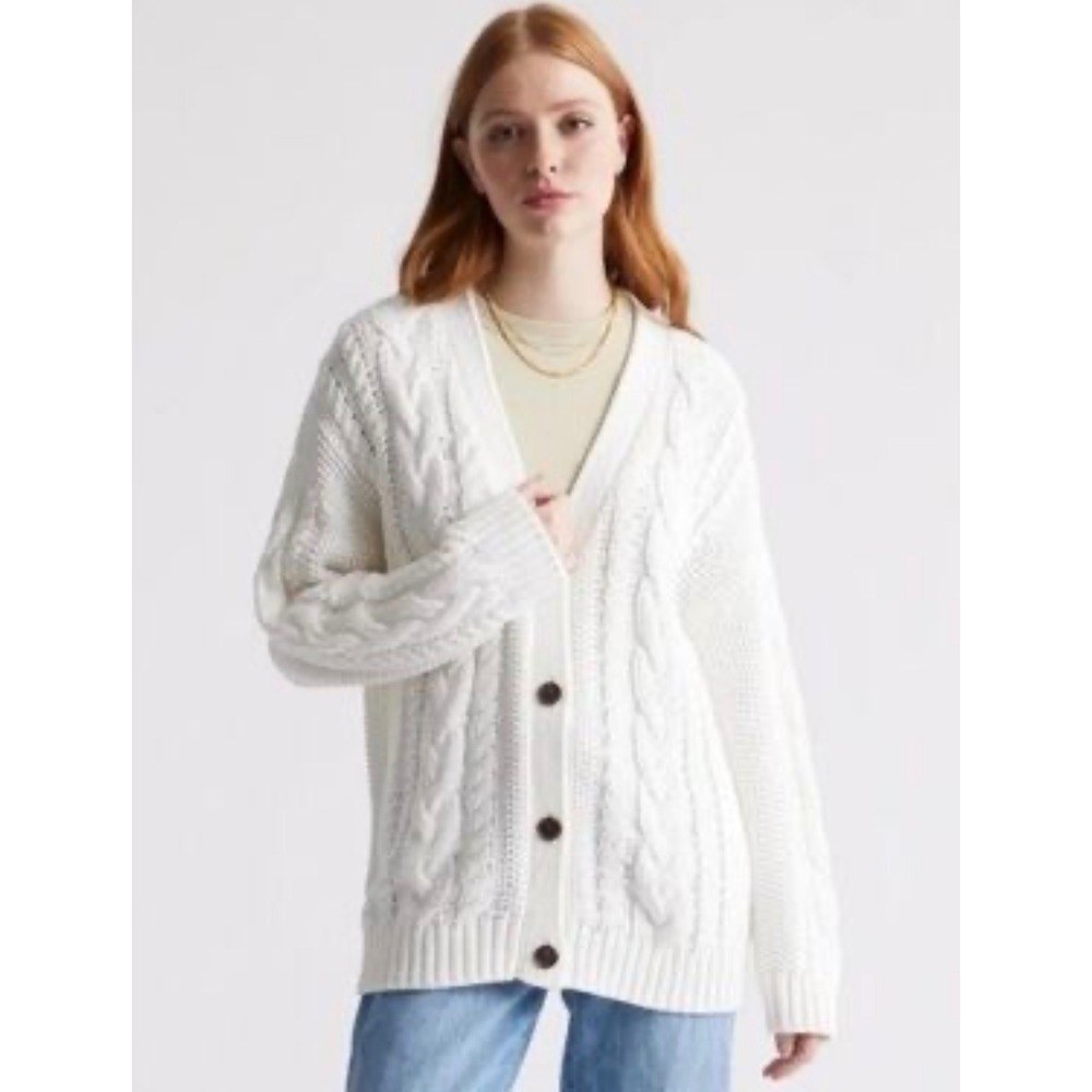 Quince Organic Cotton Cable Knit Cardigan Ivory White V-Neck Sweater Size M